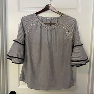 Kontrol Black White Striped Blouse Top Studded Pearls Size XL